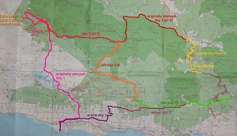 map with routes through Los Padres Natl Forest