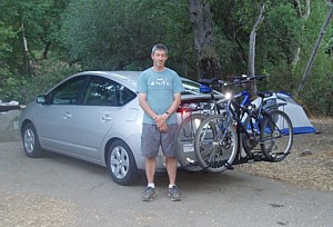 Me at the Wheeler Gorge campsite; bike on Prius
