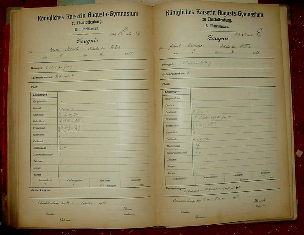 gradebook 1913 Marcuse page