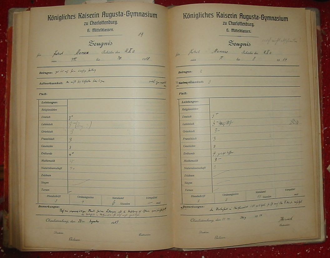 gradebook 1913 Marcuse page